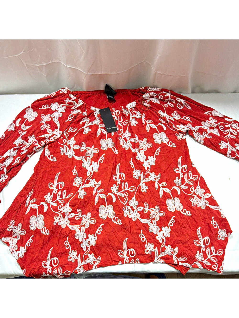 LIV Los Angeles Women's Rust/White Floral Embroidered Woven Peasant Blouse XL
